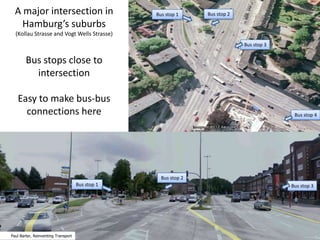 A major intersection in
Hamburg’s suburbs

Bus stop 1

Bus stop 2

(Kollau Strasse and Vogt Wells Strasse)
Bus stop 3

Bus stops close to
intersection
Easy to make bus-bus
connections here

Bus stop 4

Bus stop 2
Bus stop 1

Bus stop 3

30
Paul Barter, Reinventing Transport

 