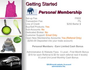Getting Started Personal Membership Set-up Fee    FREE  Transaction Fee  7% Line of Credit  $250 Barter $  Buy/Sell Products:   Yes Sub-Accounts:   No Dedicated Broker:   No Customer Support:  Email Only Open New Membership Accounts :  Yes (Referral Only) ($250.00 Deposited into your trade account)   Personal Members - Earn Limited Cash Bonus Administration & Website Fees:  5 Level - First Month Bonus ($10 for each Referral & $5 for each referral next 4 levels) 8 Level Uni-Level Monthly Cash Bonus $29.00/month website, & account administration fee.  