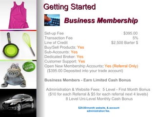 Getting Started Business Membership Set-up Fee   $395.00  Transaction Fee  5% Line of Credit  $2,500 Barter $  Buy/Sell Products:   Yes Sub-Accounts:   Yes Dedicated Broker:   Yes Customer Support:  Yes Open New Membership Accounts :  Yes (Referral Only) ($395.00 Deposited into your trade account)   Business Members - Earn Limited Cash Bonus Administration & Website Fees:  5 Level - First Month Bonus ($10 for each Referral & $5 for each referral next 4 levels) 8 Level Uni-Level Monthly Cash Bonus $29.00/month website, & account administration fee.  