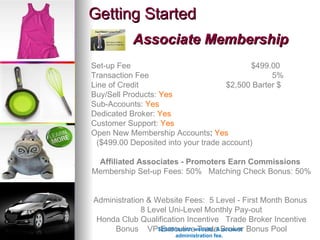 Getting Started Associate Membership Set-up Fee  $499.00  Transaction Fee  5% Line of Credit  $2,500 Barter $  Buy/Sell Products:   Yes Sub-Accounts:   Yes Dedicated Broker:   Yes Customer Support:  Yes Open New Membership Accounts :  Yes ($499.00 Deposited into your trade account)   Affiliated Associates - Promoters Earn Commissions   Membership Set-up Fees: 50%  Matching Check Bonus: 50%  Administration & Website Fees:  5 Level - First Month Bonus  8 Level Uni-Level Monthly Pay-out Honda Club Qualification Incentive  Trade Broker Incentive Bonus  VP Executive Trade Broker Bonus Pool $29.00/month website, & account administration fee.  