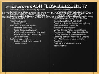 Improve CASH FLOW & LIQUIDITY Leverage your NEW Trade Dollars by spending them on items you would normally  spend CASH or CREDIT for, or couldn't afford before. GET NEW CASH BUSINESS Advertising/ PR / Marketing Agencies  Networking - C5 Branding / Logos / Jingles / Animation Graphic Design Services Video Production Traditional Media Radio, TV, Print Web and Interactive Media Internet Marketing  Social Media deployment Website development of any level Mobile Media; text marketing Online ordering  Customer appreciation Restaurants & Entertainment  Sendoutcards PAY FOR EXPENSES & MORE Facility Expenses Plumbing, Electrical & Carpentry Flooring, Drywall, Painting Exterior, Signs, Banners, Landscaping Computer Networking & Electronics Security Systems & Locksmith Furniture, Interior Design and Lighting Janitorial & Pest Services Storage / Warehousing Virtual Office / Conference Rooms Accountants, Attorneys, Consultants  Office supplies & Printing services Catering, Banquet Facilities & Lodging  Auto Maintenance, Used Vehicles, Graphics Free TRADE Classified ads & TradeFlashes 