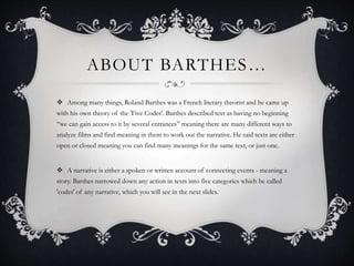 Barthes Narrative Theory and Music Videos | PPT