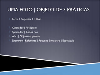 UMA FOTO | OBJETO DE 3 PRÁTICAS
 Fazer > Suportar > Olhar
 Operador | Fotógrafo
 Spectador | Todos nós
 Alvo | Objeto ou pessoa
 Spectrum | Referente | Pequeno Simulacro | Espetáculo

 