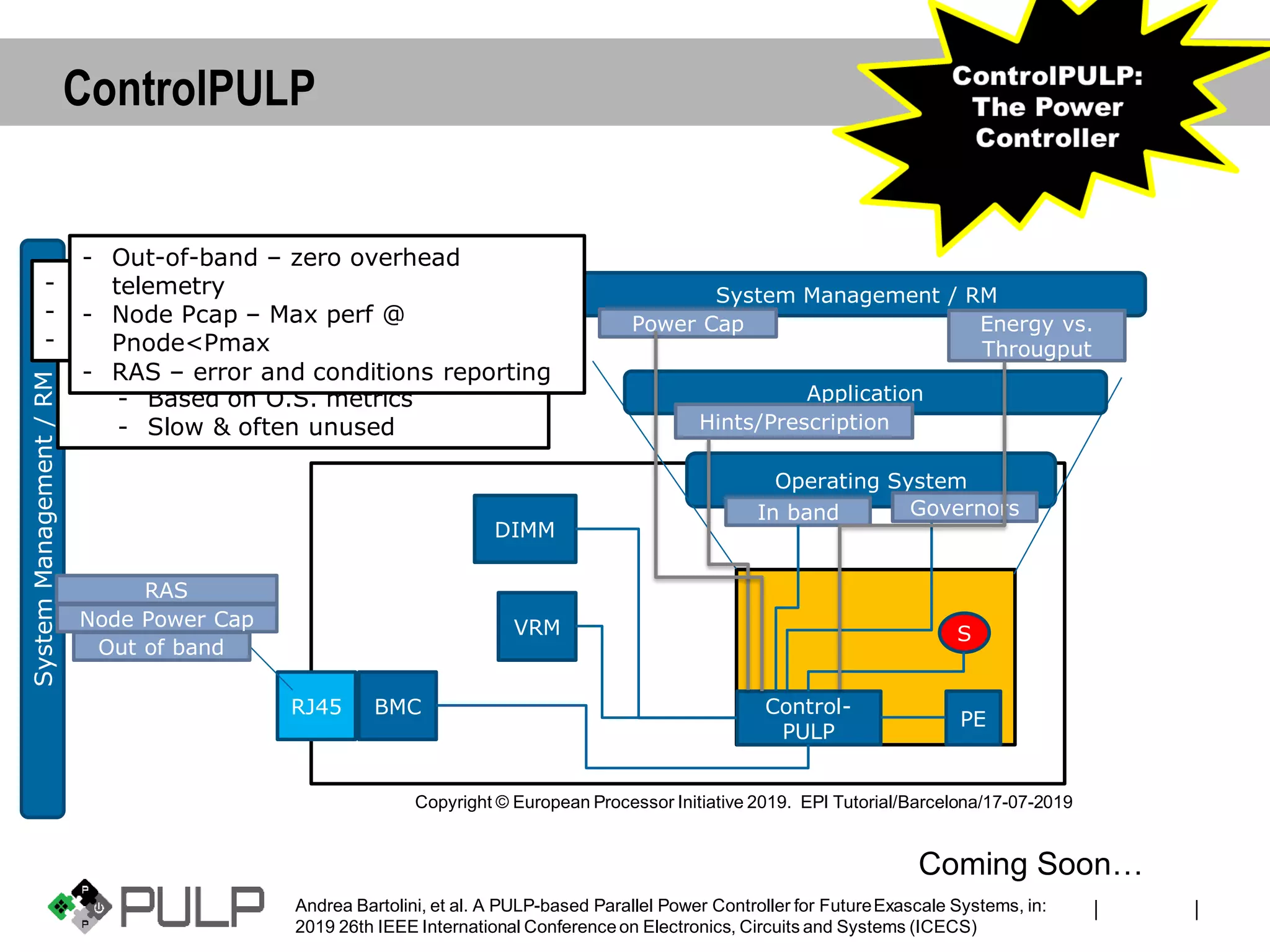 ||
ControlPULP
Control-
PULP
VRM
BMC
PE
S
Operating System
Application
System Management / RM
GovernorsIn band
Hints/Prescription
Power Cap Energy vs.
Througput
DIMM
RJ45
SystemManagement/RM
Out of band
Node Power Cap
RAS
Main Archi. Blocks w. :
- Sensors (PVT, Util, archi)
- Controls (f,Vdd,Vbb,PG,CG)
- In band a.k.a low latency / user-
space telemetry (power, perf, …)
- O.S. PM governors:
- cpufreq/ cpuidle
- Based on O.S. metrics
- Slow & often unused
- Low latency PM requests and/or
suggestions
- From the Application/run-time
- Power cap => Max perf @ P<Pmax
- Energy => Min Energy @ f=f*
- Throughput => F > Fmax @ T,P<Max
- Out-of-band – zero overhead
telemetry
- Node Pcap – Max perf @
Pnode<Pmax
- RAS – error and conditions reporting
Copyright © European Processor Initiative 2019. EPI Tutorial/Barcelona/17-07-2019
Coming Soon…
Andrea Bartolini, et al. A PULP-based Parallel Power Controller for FutureExascale Systems, in:
2019 26th IEEE International Conferenceon Electronics, Circuits and Systems (ICECS)
 