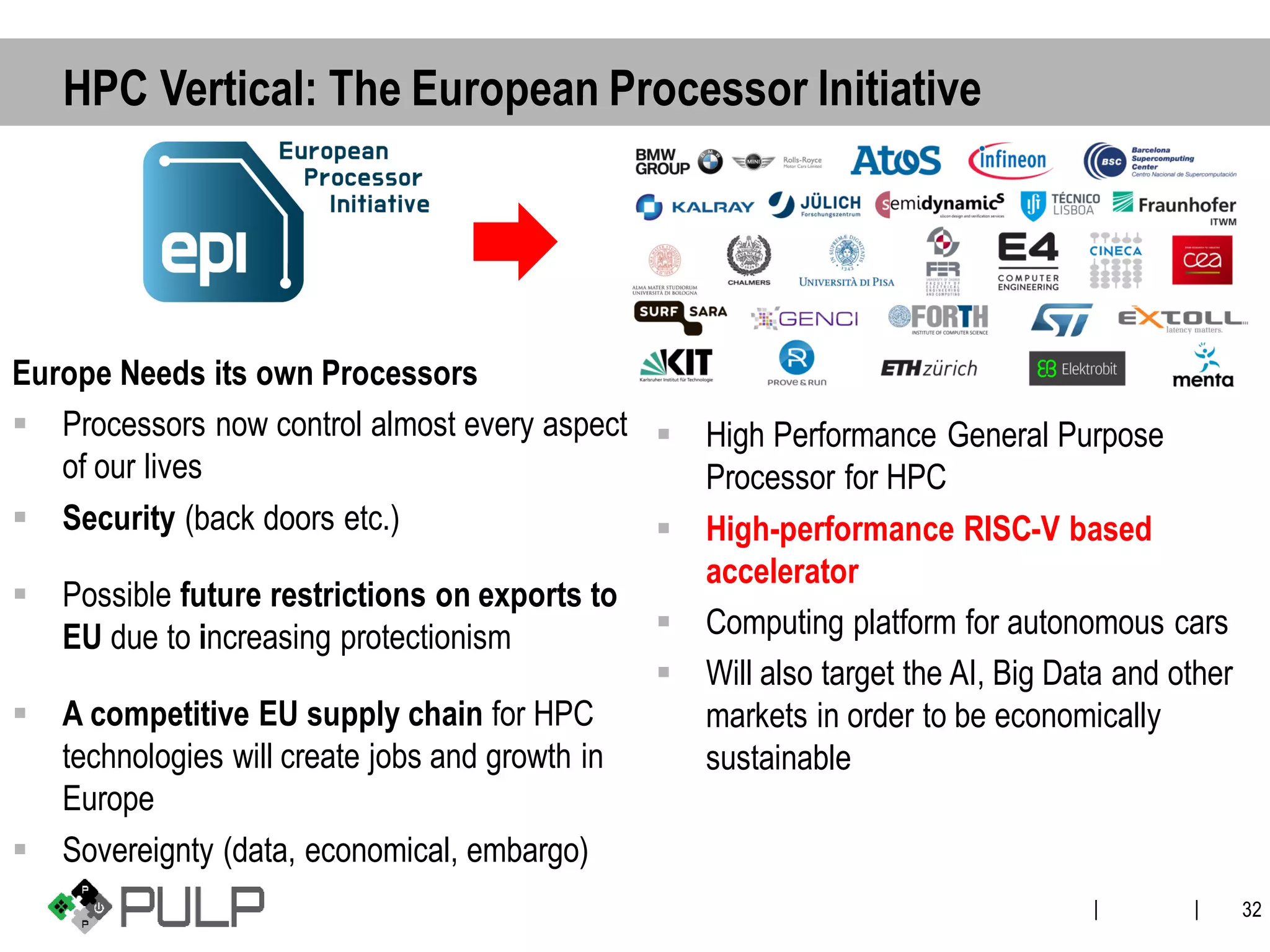 ||
HPC Vertical: The European Processor Initiative
▪ High Performance General Purpose
Processor for HPC
▪ High-performance RISC-V based
accelerator
▪ Computing platform for autonomous cars
▪ Will also target the AI, Big Data and other
markets in order to be economically
sustainable
Europe Needs its own Processors
▪ Processors now control almost every aspect
of our lives
▪ Security (back doors etc.)
▪ Possible future restrictions on exports to
EU due to increasing protectionism
▪ A competitive EU supply chain for HPC
technologies will create jobs and growth in
Europe
▪ Sovereignty (data, economical, embargo)
32
 