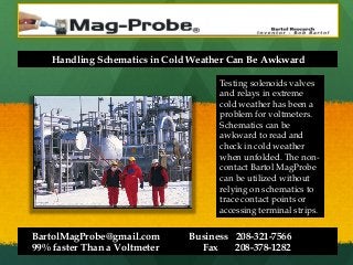 Handling Schematics in Cold Weather Can Be Awkward
Testing solenoids valves
and relays in extreme
cold weather has been a
problem for voltmeters.
Schematics can be
awkward to read and
check in cold weather
when unfolded. The non-
contact Bartol MagProbe
can be utilized without
relying on schematics to
trace contact points or
accessing terminal strips.
BartolMagProbe@gmail.com Business 208-321-7566
99% faster Than a Voltmeter Fax 208-378-1282
 