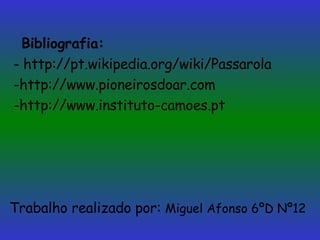 Bibliografia: - http://pt.wikipedia.org/wiki/Passarola -http://www.pioneirosdoar.com -http://www.instituto-camoes.pt Trabalho realizado por:  Miguel Afonso 6ºD Nº12 
