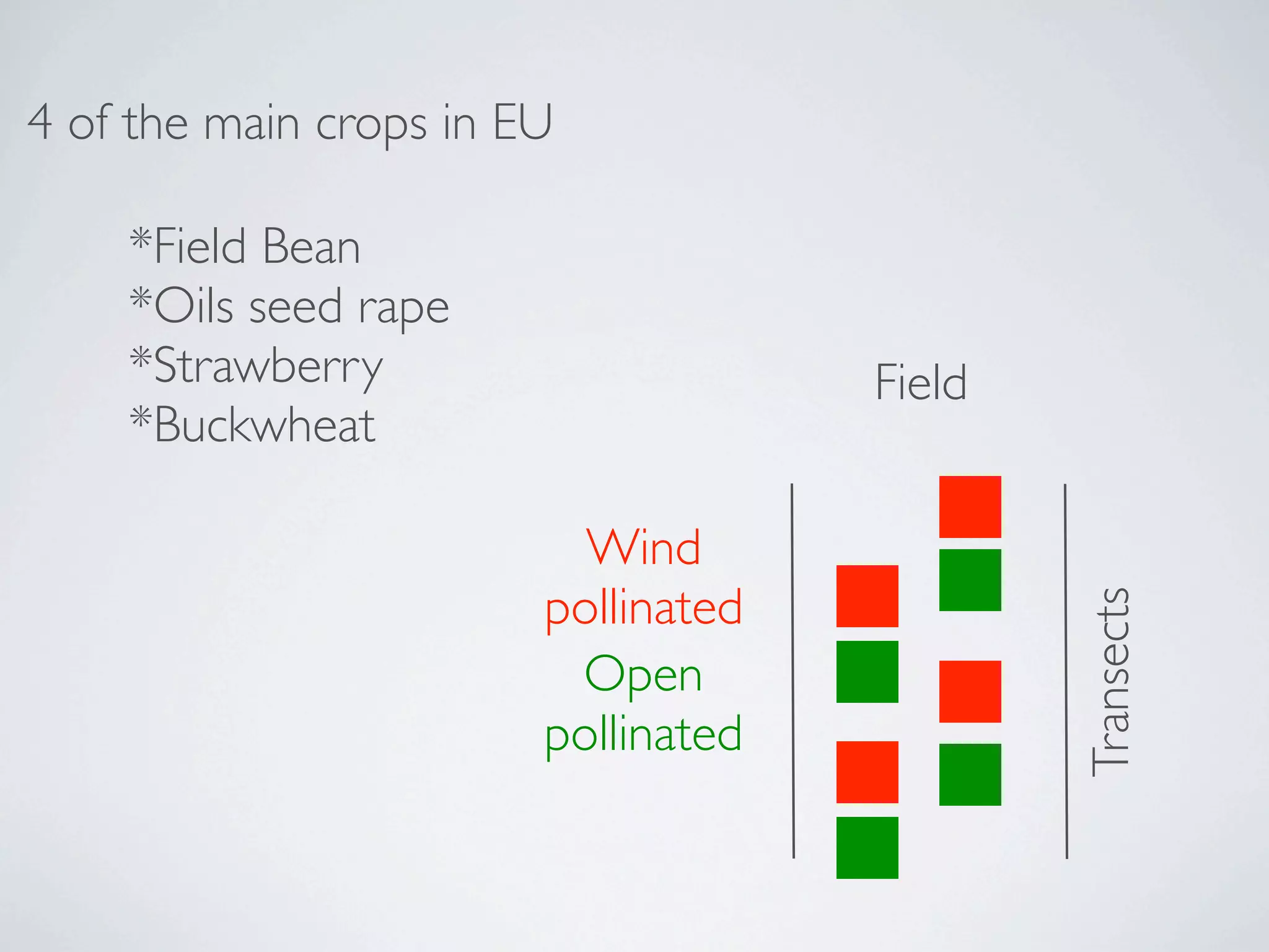 4 of the main crops in EU

    *Field Bean
    *Oils seed rape
    *Strawberry                      Field
    *Buckwheat

                          Wind
                        pollinated




                                             Transects
                         Open
                        pollinated
 