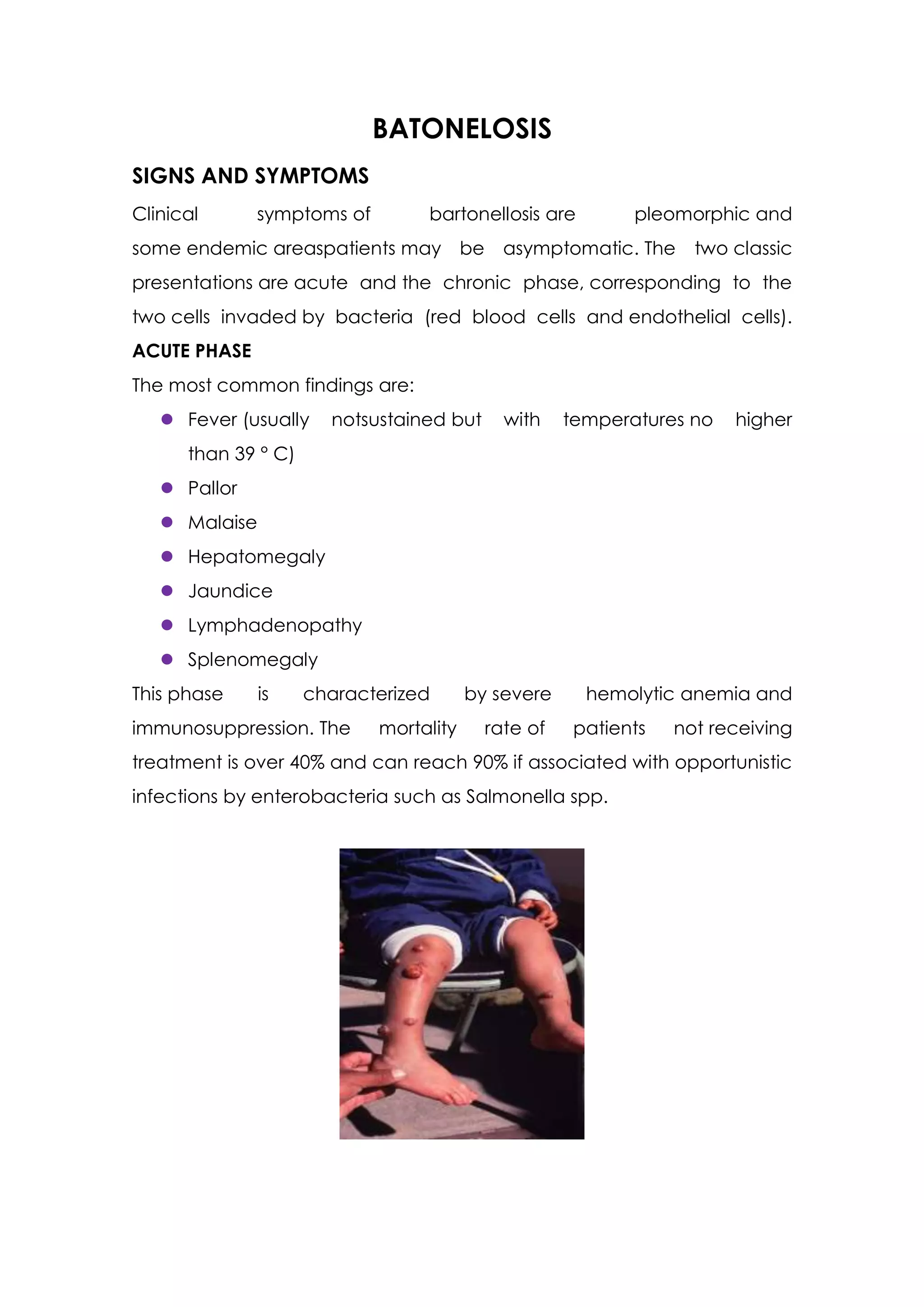 BATONELOSIS
SIGNS AND SYMPTOMS
Clinical      symptoms of        bartonellosis are         pleomorphic and
some endemic areaspatients may be asymptomatic. The               two classic
presentations are acute and the chronic phase, corresponding to the
two cells invaded by bacteria (red blood cells and endothelial cells).
ACUTE PHASE
The most common findings are:
    Fever (usually    notsustained but     with    temperatures no   higher
      than 39 ° C)
    Pallor
    Malaise
    Hepatomegaly
    Jaundice
    Lymphadenopathy
    Splenomegaly
This phase     is    characterized      by severe     hemolytic anemia and
immunosuppression. The      mortality     rate of    patients   not receiving
treatment is over 40% and can reach 90% if associated with opportunistic
infections by enterobacteria such as Salmonella spp.
 