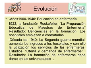 Evolución
• -Años1900-1940: Educación en enfermería
  1923, la fundación Rockefeller: “La Preparación
  Educativa de Maestras de Enfermería”
  Resultado: Deficiencias en la formación. Los
  hospitales empiezan a contratarlas.
  -Década de 1940: La Segunda guerra mundial,
  aumenta los ingresos a los hospitales y con ello
  la utilización los servicios de las enfermeras:
  Estudios: “Oferta y demanda de enfermeros” .
  Resultado: La formación de enfermeros debe
  darse en las universidades .
 
