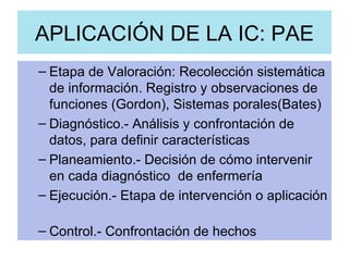 APLICACIÓN DE LA IC: PAE
– Etapa de Valoración: Recolección sistemática
  de información. Registro y observaciones de
  funciones (Gordon), Sistemas porales(Bates)
– Diagnóstico.- Análisis y confrontación de
  datos, para definir características
– Planeamiento.- Decisión de cómo intervenir
  en cada diagnóstico de enfermería
– Ejecución.- Etapa de intervención o aplicación

– Control.- Confrontación de hechos
 