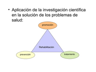 • Aplicación de la investigación científica
  en la solución de los problemas de
  salud:
                     promoción




                   Rehabilitación


      prevención                    tratamiento
 