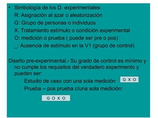• Simbología de los D. experimentales:
  R: Asignación al azar o aleatorización
  G: Grupo de personas o individuos
  X: Tratamiento estímulo o condición experimental
  O: medición o prueba ( puede ser pre o pos)
  _: Ausencia de estímulo en la V1 (grupo de control)

Diseño pre-experimental.- Su grado de control es mínimo y
  no cumple los requisitos del verdadero experimento y
  pueden ser:
      Estudio de caso con una sola medición G X O
      Prueba – pos prueba c/una sola medición:
                G O X O
 