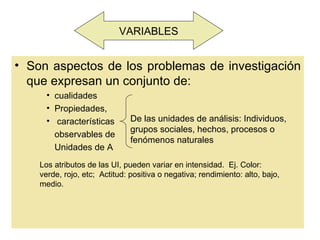 VARIABLES
                                     V
                             A
                             R
•   Son aspectos de los problemas
                             I                           de investigación
                             A
    que expresan un conjunto B de:
       • cualidades          L
                             E
       • Propiedades,
                             S
        • características        De las unidades de análisis: Individuos,
                                 grupos sociales, hechos, procesos o
          observables de
                                 fenómenos naturales
          Unidades de A
      Los atributos de las UI, pueden variar en intensidad. Ej. Color:
      verde, rojo, etc; Actitud: positiva o negativa; rendimiento: alto, bajo,
      medio.
 