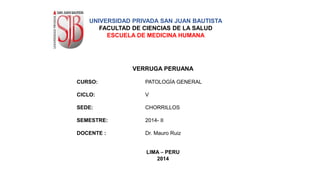 UNIVERSIDAD PRIVADA SAN JUAN BAUTISTA
FACULTAD DE CIENCIAS DE LA SALUD
ESCUELA DE MEDICINA HUMANA
VERRUGA PERUANA
CURSO: PATOLOGÍA GENERAL
CICLO: V
SEDE: CHORRILLOS
SEMESTRE: 2014- II
DOCENTE : Dr. Mauro Ruiz
LIMA – PERU
2014
 