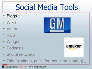 Social Media Tools Blogs Wikis Video RSS Widgets Podcasts Social networks Other (ratings, polls, forums, idea sharing) 