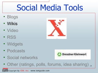 Social Media Tools Blogs Wikis Video RSS Widgets Podcasts Social networks Other (ratings, polls, forums, idea sharing) 