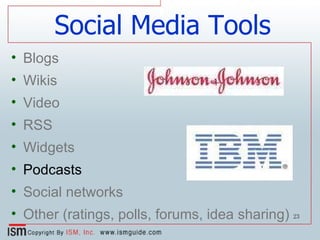 Social Media Tools Blogs Wikis Video RSS Widgets Podcasts Social networks Other (ratings, polls, forums, idea sharing) 