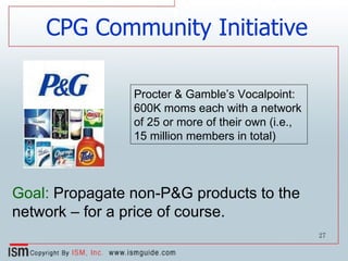 Procter & Gamble’s Vocalpoint: 600K moms each with a network of 25 or more of their own (i.e., 15 million members in total) Goal:  Propagate non-P&G products to the network – for a price of course. CPG Community Initiative 
