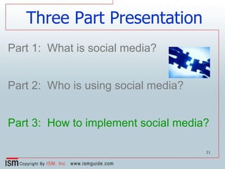 Three Part Presentation Part 1:  What is social media? Part 2:  Who is using social media? Part 3:  How to implement social media? 