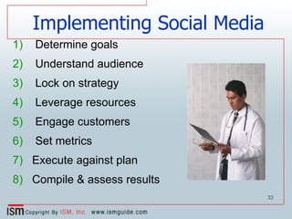 Determine goals Understand audience Lock on strategy Leverage resources Engage customers Set metrics Execute against plan Compile & assess results Implementing Social Media 