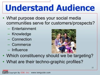 Understand Audience What purpose does your social media communities serve for customers/prospects? Entertainment Knowledge Connection Commerce Influence Which constituency should we be targeting? What are their techno-graphic profiles? 