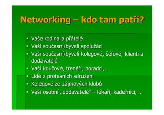 Networking – kdo tam patří?

  Vaše rodina a přátelé
  Vaši současní/bývalí spolužáci
  Vaši současní/bývalí kolegové, šéfové, klienti a
  dodavatelé
  Vaši koučové, trenéři, poradci,…
  Lidé z profesních sdružení
  Kolegové ze zájmových klubů
  Vaši osobní „dodavatelé“ – lékaři, kadeřníci, …
 