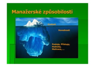 Manažerské způsobilosti

             Znalosti

                        Dovednosti




                 Postoje, Přístupy,
                 Hodnoty,
                 Motivace,….
 