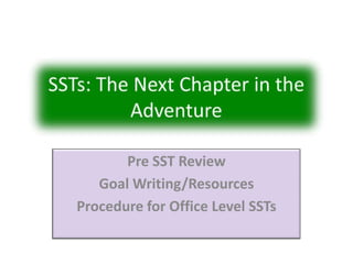 Pre SST Review
Goal Writing/Resources
Procedure for Office Level SSTs

 