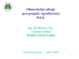 1
Obnovitelné zdroje
pro projekt Agroforestry
WGL
Ing. Jiří Bartoň, CSc.
výkonný ředitel
World’s Green Lungs
World’s Green Lungs ABF 8.11.2010
 