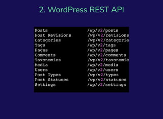 2. WordPress REST API
Posts /wp/v2/posts
Post Revisions /wp/v2/revisions
Categories /wp/v2/categories
Tags /wp/v2/tags
Pages /wp/v2/pages
Comments /wp/v2/comments
Taxonomies /wp/v2/taxonomies
Media /wp/v2/media
Users /wp/v2/users
Post Types /wp/v2/types
Post Statuses /wp/v2/statuses
Settings /wp/v2/settings
 