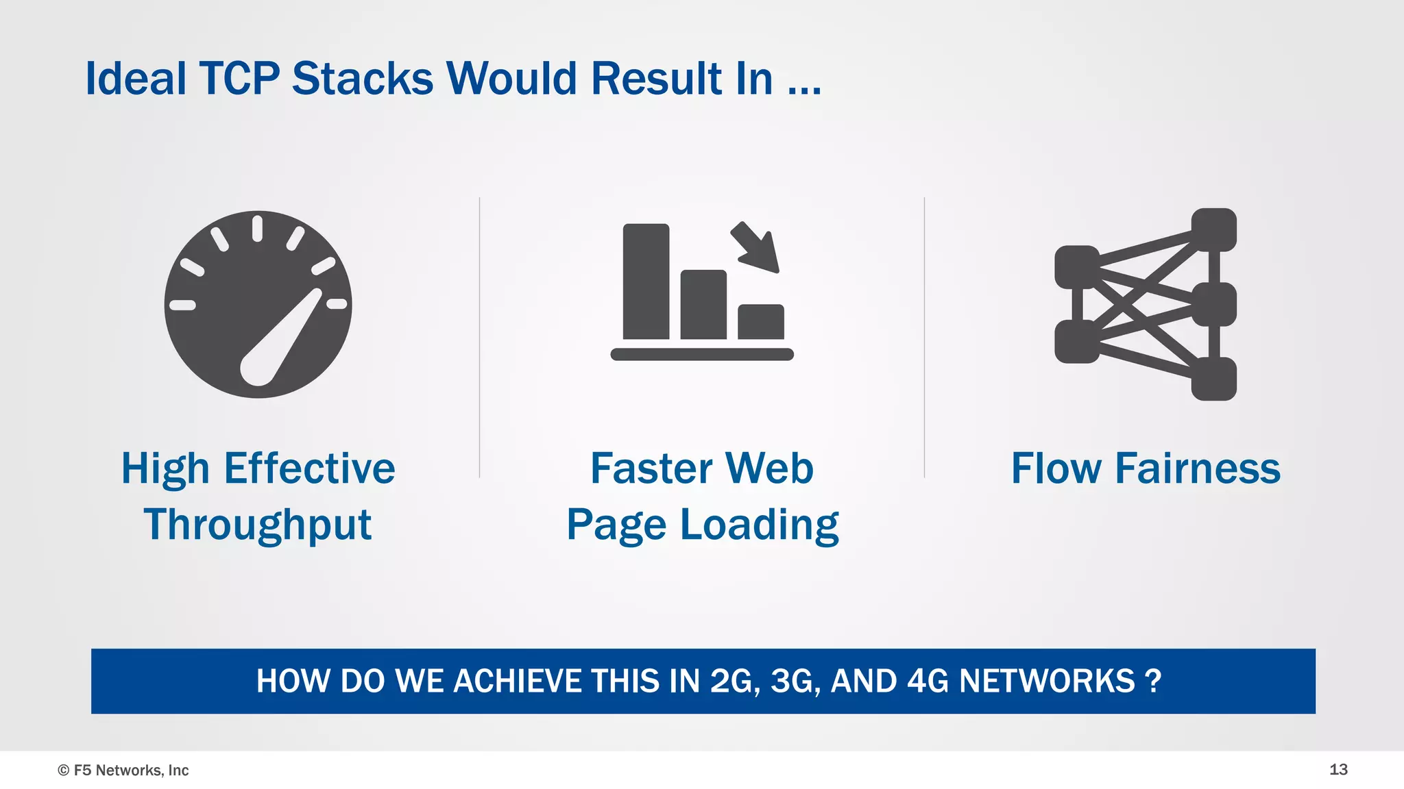 Ideal TCP Stacks Would Result In … 
High Effective Faster Web 
Flow Fairness 
Throughput 
Page Loading 
HOW DO WE ACHIEVE THIS IN 2G, 3G, AND 4G NETWORKS ? 
© F5 Networks, Inc 13 
 