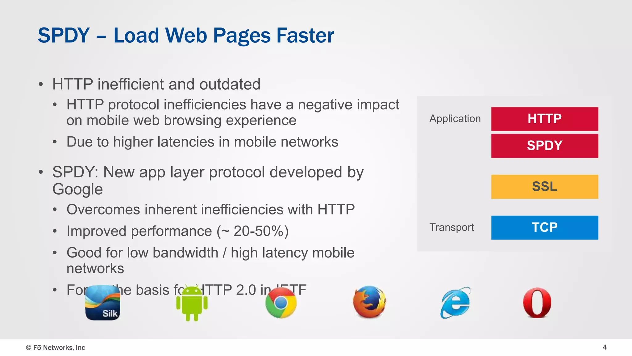 SPDY – Load Web Pages Faster 
• HTTP inefficient and outdated 
• HTTP protocol inefficiencies have a negative impact 
on mobile web browsing experience 
• Due to higher latencies in mobile networks 
• SPDY: New app layer protocol developed by 
Google 
• Overcomes inherent inefficiencies with HTTP 
• Improved performance (~ 20-50%) 
• Good for low bandwidth / high latency mobile 
networks 
• Forms the basis for HTTP 2.0 in IETF 
© F5 Networks, Inc 4 
 