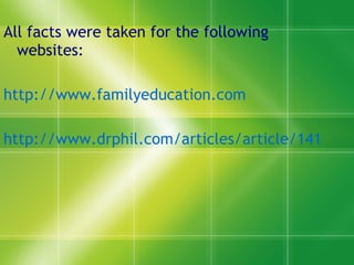 All facts were taken for the following websites: http://www. familyeducation .com http://www. drphil .com/articles/article/141 