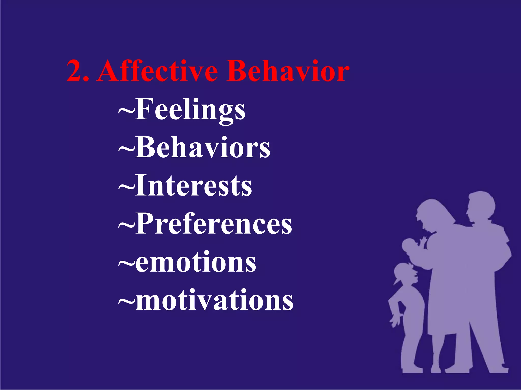 2. Affective Behavior
~Feelings
~Behaviors
~Interests
~Preferences
~emotions
~motivations
 