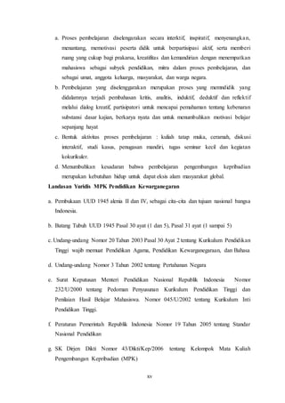 xv
a. Proses pembelajaran diselengarakan secara interktif, inspiratif, menyenangkan,
menantang, memotivasi peserta didik untuk berpartisipasi aktif, serta memberi
ruang yang cukup bagi prakarsa, kreatifitas dan kemandirian dengan menempatkan
mahasiswa sebagai subyek pendidikan, mitra dalam proses pembelajaran, dan
sebagai umat, anggota keluarga, masyarakat, dan warga negara.
b. Pembelajaran yang diselenggarakan merupakan proses yang memndidik yang
didalamnya terjadi pembahasan kritis, analitis, induktif, deduktif dan reflektif
melalui dialog kreatif, partisipatori untuk mencapai pemahaman tentang kebenaran
substansi dasar kajian, berkarya nyata dan untuk menumbuhkan motivasi belajar
sepanjang hayat
c. Bentuk aktivitas proses pembelajaran : kuliah tatap muka, ceramah, diskusi
interaktif, studi kasus, penugasan mandiri, tugas seminar kecil dan kegiatan
kokurikuler.
d. Menumbuhkan kesadaran bahwa pembelajaran pengembangan kepribadian
merupakan kebutuhan hidup untuk dapat eksis alam masyarakat global.
Landasan Yuridis MPK Pendidikan Kewarganegaran
a. Pembukaan UUD 1945 alenia II dan IV, sebagai cita-cita dan tujuan nasional bangsa
Indonesia.
b. Batang Tubuh UUD 1945 Pasal 30 ayat (1 dan 5), Pasal 31 ayat (1 sampai 5)
c. Undang-undang Nomor 20 Tahun 2003 Pasal 30 Ayat 2 tentang Kurikulum Pendidikan
Tinggi wajib memuat Pendidikan Agama, Pendidikan Kewarganegaraan, dan Bahasa
d. Undang-undang Nomor 3 Tahun 2002 tentang Pertahanan Negara
e. Surat Keputusan Menteri Pendidikan Nasional Republik Indonesia Nomor
232/U/2000 tentang Pedoman Penyusunan Kurikulum Pendidikan Tinggi dan
Penilaian Hasil Belajar Mahasiswa. Nomor 045/U/2002 tentang Kurikulum Inti
Pendidikan Tinggi.
f. Peraturan Pemerintah Republik Indonesia Nomor 19 Tahun 2005 tentang Standar
Nasional Pendidikan
g. SK Dirjen Dikti Nomor 43/Dikti/Kep/2006 tentang Kelompok Mata Kuliah
Pengembangan Kepribadian (MPK)
 