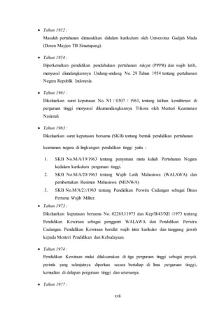 xvii
 Tahun 1952 :
Masalah pertahanan dimasukkan didalam kurikulum oleh Universitas Gadjah Mada
(Dosen Mayjen TB Simatupang).
 Tahun 1954 :
Diperkenalkan pendidikan pendahuluan pertahanan rakyat (PPPR) dan wajib latih,
menyusul diundangkannya Undang-undang No. 29 Tahun 1954 tentang pertahanan
Negara Republik Indonesia.
 Tahun 1961 :
Dikeluarkan surat keputusan No. NI / 0307 / 1961, tentang latihan kemiliteran di
perguruan tinggi menyusul dikumandangkannya Trikora oleh Menteri Keamanan
Nasional.
 Tahun 1963 :
Dikeluarkan surat keputusan bersama (SKB) tentang bentuk pendidikan pertahanan
keamanan negara di lingkungan pendidikan tinggi yaitu :
1. SKB No.M/A/19/1963 tentang penyatuan mata kuliah Pertahanan Negara
kedalam kurikulum perguruan tinggi.
2. SKB No.M/A/20/1963 tentang Wajib Latih Mahasiswa (WALAWA) dan
pembentukan Resimen Mahasiswa (MENWA)
3. SKB No.M/A/21/1963 tentang Pendidikan Perwira Cadangan sebagai Dinas
Pertama Wajib Militer.
 Tahun 1973 :
Dikeluarkan keputusan bersama No. 0228/U/1973 dan Kep/B/43/XII /1973 tentang
Pendidikan Kewiraan sebagai pengganti WALAWA dan Pendidikan Perwira
Cadangan. Pendidikan Kewiraan bersifat wajib intra kurikuler dan tanggung jawab
kepada Menteri Pendidikan dan Kebudayaan.
 Tahun 1974 :
Pendidikan Kewiraan mulai dilaksanakan di tiga perguruan tinggi sebagai proyek
perintis yang selanjutnya diperluas secara bertahap di lima perguruan tinggi,
kemudian di delapan perguruan tinggi dan seterusnya.
 Tahun 1977 :
 