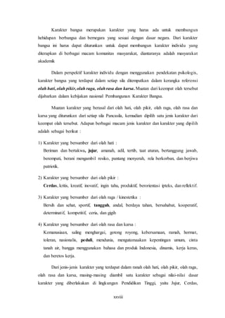 xxviii
Karakter bangsa merupakan karakter yang harus ada untuk membangun
hehidupan berbangsa dan bernegara yang sesuai dengan dasar negara. Dari karakter
bangsa ini harus dapat diturunkan untuk dapat membangun karakter individu yang
diterapkan di berbagai macam komunitas masyarakat, diantaranya adalah masyarakat
akademik
Dalam perspektif karakter individu dengan menggunakan pendekatan psikologis,
karakter bangsa yang terdapat dalam setiap sila ditempatkan dalam kerangka referensi
olah hati,olah pikir,olah raga, olahrasa dan karsa. Muatan dari keempat olah tersebut
dijabarkan dalam kebijakan nasional Pembangunan Karakter Bangsa.
Muatan karakter yang berasal dari olah hati, olah pikir, olah raga, olah rasa dan
karsa yang diturunkan dari setiap sila Pancasila, kemudian dipilih satu jenis karakter dari
keempat olah tersebut. Adapun berbagai macam jenis karakter dan karakter yang dipilih
adalah sebagai berikut :
1) Karakter yang bersumber dari olah hati :
Beriman dan bertakwa, jujur, amanah, adil, tertib, taat aturan, bertanggung jawab,
berempati, berani mengambil resiko, pantang menyerah, rela berkorban, dan berjiwa
patriotik.
2) Karakter yang bersumber dari olah pikir :
Cerdas, kritis, kreatif, inovatif, ingin tahu, produktif, berorientasi ipteks, dan reflektif.
3) Karakter yang bersumber dari olah raga / kinestetika :
Bersih dan sehat, sportif, tangguh, andal, berdaya tahan, bersahabat, kooperatif,
determinatif, kompetitif, ceria, dan gigih
4) Karakter yang bersumber dari olah rasa dan karsa :
Kemanusiaan, saling menghargai, gotong royong, kebersamaan, ramah, hormat,
toleran, nasionalis, peduli, mendunia, mengutamaakan kepentingan umum, cinta
tanah air, bangga menggunakan bahasa dan produk Indonesia, dinamis, kerja keras,
dan beretos kerja.
Dari jenis-jenis karakter yang terdapat dalam ranah olah hati, olah pikir, olah raga,
olah rasa dan karsa, masing-masing diambil satu karakter sebagai nilai-nilai dasar
karakter yang diberlakukan di lingkungan Pendidikan Tinggi, yaitu Jujur, Cerdas,
 