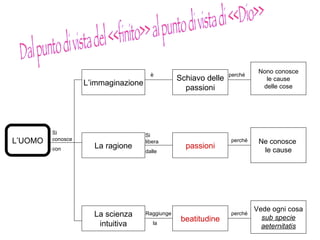 Dal punto di vista del <<finito>> al punto di vista di <<Dio>> L’UOMO L’immaginazione La scienza intuitiva La ragione beatitudine passioni Schiavo delle passioni Nono conosce le cause delle cose Vede ogni cosa sub specie aeternitatis Ne conosce  le cause è perché Raggiunge la Si libera dalle perché perché Si conosce  con 