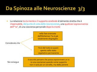    La relazione tra la mente e il supporto cerebrale è talmente stretta che è
     impensabile, dal punto di vista delle neuroscienze, una qualsiasi sopravvivenza
     dell’“io”, di una coscienza personale dopo la morte

                                  nella fase avanzata
                                 dell’Alzheimer l’io è già
                                 totalmente disgregato

Considerato che

                                 l’io è del tutto (o quasi)
                                     spento nello stato
                                 vegetativo permanente


                      è assurdo pensare che possa sopravvivere un io
  Ne consegue            (o una coscienza) quando come supporto
                        non vi sarà più un cervello, ma della polvere
 