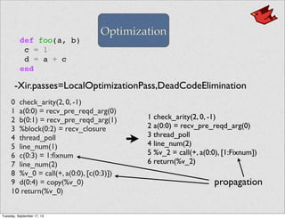 1 check_arity(2, 0, -1)
2 a(0:0) = recv_pre_reqd_arg(0)
3 thread_poll
4 line_num(2)
5 %v_2 = call(+, a(0:0), [1:Fixnum])
6 return(%v_2)
-Xir.passes=LocalOptimizationPass,DeadCodeElimination
def foo(a, b)
c = 1
d = a + c
end
0 check_arity(2, 0, -1)
1 a(0:0) = recv_pre_reqd_arg(0)
2 b(0:1) = recv_pre_reqd_arg(1)
3 %block(0:2) = recv_closure
4 thread_poll
5 line_num(1)
6 c(0:3) = 1:ﬁxnum
7 line_num(2)
8 %v_0 = call(+, a(0:0), [c(0:3)])
9 d(0:4) = copy(%v_0)
10 return(%v_0)
Optimization
propagation
Tuesday, September 17, 13
 