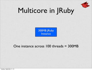 Multicore in JRuby
300MB JRuby
Instance
One instance across 100 threads = 300MB
Tuesday, September 17, 13
 