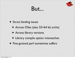 But...
• Struct binding issues
• Across OSes (also 32+64 bit archs)
• Across library versions
• Library compile option mismatches
• Fine-grained perf sometimes suffers
Tuesday, September 17, 13
 