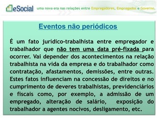uma nova era nas relações entre Empregadores, Empregados e Governo.
Eventos não periódicos
É um fato jurídico-trabalhista entre empregador e
trabalhador que não tem uma data pré-fixada para
ocorrer. Vai depender dos acontecimentos na relação
trabalhista na vida da empresa e do trabalhador como
contratação, afastamentos, demissões, entre outras.
Estes fatos influenciam na concessão de direitos e no
cumprimento de deveres trabalhistas, previdenciários
e fiscais como, por exemplo, a admissão de um
empregado, alteração de salário, exposição do
trabalhador a agentes nocivos, desligamento, etc.
 