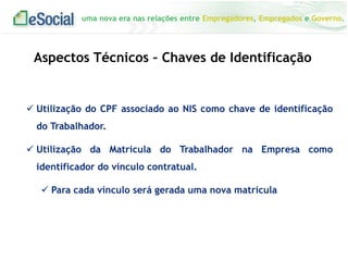 uma nova era nas relações entre Empregadores, Empregados e Governo.
 Utilização do CPF associado ao NIS como chave de identificação
do Trabalhador.
 Utilização da Matrícula do Trabalhador na Empresa como
identificador do vínculo contratual.
 Para cada vínculo será gerada uma nova matrícula
Aspectos Técnicos – Chaves de Identificação
 