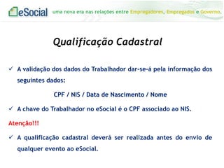 uma nova era nas relações entre Empregadores, Empregados e Governo.
Qualificação Cadastral
 A validação dos dados do Trabalhador dar-se-á pela informação dos
seguintes dados:
CPF / NIS / Data de Nascimento / Nome
 A chave do Trabalhador no eSocial é o CPF associado ao NIS.
Atenção!!!
 A qualificação cadastral deverá ser realizada antes do envio de
qualquer evento ao eSocial.
 