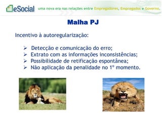 uma nova era nas relações entre Empregadores, Empregados e Governo.
Malha PJ
Incentivo à autoregularização:
 Detecção e comunicação do erro;
 Extrato com as informações inconsistências;
 Possibilidade de retificação espontânea;
 Não aplicação da penalidade no 1º momento.
 