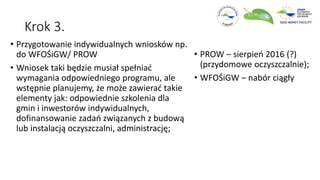 Krok 3.
• Przygotowanie indywidualnych wniosków np.
do WFOŚiGW/ PROW
• Wniosek taki będzie musiał spełniać
wymagania odpowiedniego programu, ale
wstępnie planujemy, że może zawierać takie
elementy jak: odpowiednie szkolenia dla
gmin i inwestorów indywidualnych,
dofinansowanie zadań związanych z budową
lub instalacją oczyszczalni, administrację;
• PROW – sierpień 2016 (?)
(przydomowe oczyszczalnie);
• WFOŚiGW – nabór ciągły
 