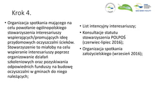 Krok 4.
• Organizacja spotkania mającego na
celu powołanie ogólnopolskiego
stowarzyszenia interesariuszy
wspierających/promujących ideę
przydomowych oczyszczalni ścieków.
Stowarzyszenie to miałoby na celu
wspieranie interesariuszy poprzez
organizowanie działań
szkoleniowych oraz pozyskiwania
odpowiednich funduszy na budowę
oczyszczalni w gminach do niego
należących;
• List intencyjny interesariuszy;
• Konsultacje statutu
stowarzyszenia POLPOŚ
(czerwiec-lipiec 2016);
• Organizacja spotkania
założycielskiego (wrzesień 2016);
 