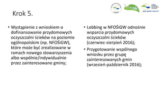 Krok 5.
• Wystąpienie z wnioskiem o
dofinansowanie przydomowych
oczyszczalni ścieków na poziomie
ogólnopolskim (np. NFOŚiGW),
które może być zrealizowane w
ramach nowego stowarzyszenia
albo wspólnie/indywidualnie
przez zainteresowane gminy;
• Lobbing w NFOŚiGW odnośnie
wsparcia przydomowych
oczyszczalni ścieków
(czerwiec-sierpień 2016);
• Przygotowanie wspólnego
wniosku przez grupę
zainteresowanych gmin
(wrzesień-październik 2016);
 